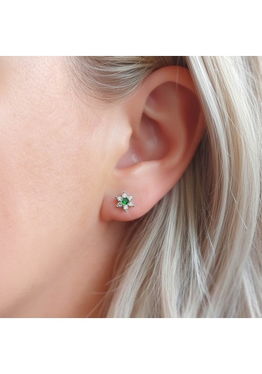 925 Ayar Gümüş Yeşil Taşlı Minimal Lotus Küpe Gümüş