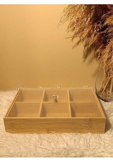 Ahşap Bambu 6 Bölmeli Kapaklı Poşet Sallama Bitki Çayı Saklama Kutusu Kabı Bambu