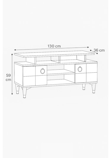 Mega Tv Sehpası Beyaz 2 Kapaklı Raflı Gold Detaylı Sehpa 130x36x59 Cm