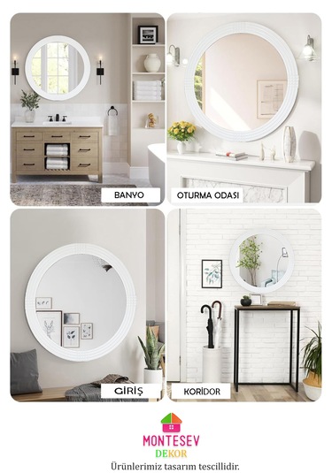 Safir Ahşap Beyaz Yuvarlak Ayna Işlemeli Duvar Banyo Aynası 69 Cm