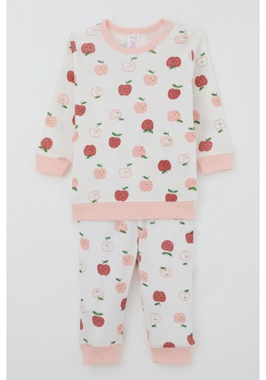 Breeze Kız Bebek Pijama Takımı Omuzdan Patlı Sevimli Minik Elma Desenli 4 Ay-1 Yaş, Ekru Ekru