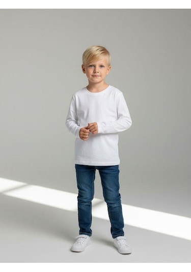 Zekids Erkek Çocuk Pamuklu Bisiklet Yaka Uzun Kollu Basic T-shirt-16775 Ekru