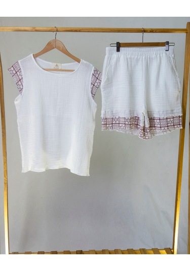 Süper Hafif %100 Pamuk 2 Katlı Müslin Şort - Tişört İkili Takım Pijama Gots Sertifikalı Bordo