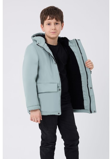 Erkek Çocuk Mint Yeşil Içi Kürklü Su Ve Rüzgar Geçirmez Kapüşonlu 3 Cep Kışlık Mont & Kaban & Parka Mint Yeşili