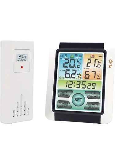 Topshop1 Beyaz Kablosuz Hava Durumu Istasyonu Renkli Ekranli Ic Dis Mekan Sicaklik Olcer Sensorlu