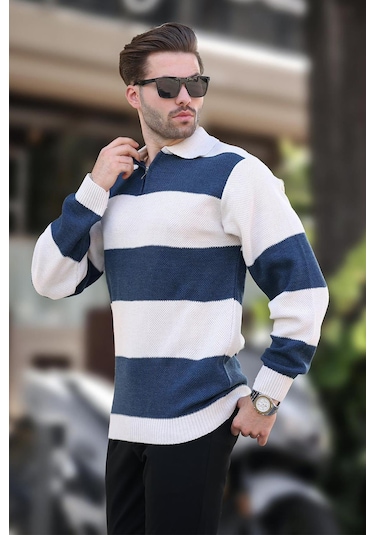 Bej Fermuar Yaka Renk Bloklu Uzun Kollu Kazak 7280 Bej