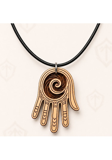 Spiral Hamsa Eli Ahşap Kolye 44x30 Mm - Siyah İpli Bohem Unisex 01 - Ekru