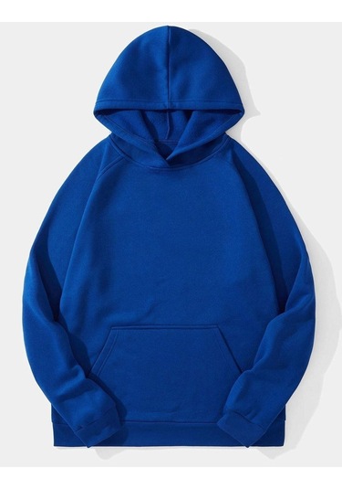 Düz Basic Sweatshirt - Sax Mavi Oversize Kapüşonlu Saks Mavi