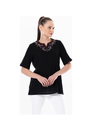 Kısa Kol Şile Bezi Gökkuşağı Nakış Detaylı Yazlık Bluz Siyah Syh-siyah Siyah