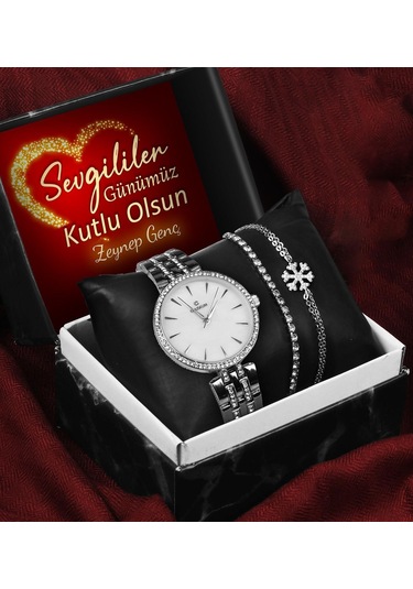 Sevgililer Gününe Özel Kişiye Özel Kutulu Metal Kordon Saat & Kar Tanesi Bileklik & Zirkon Taşlı Bileklik Seti Çok Renkli
