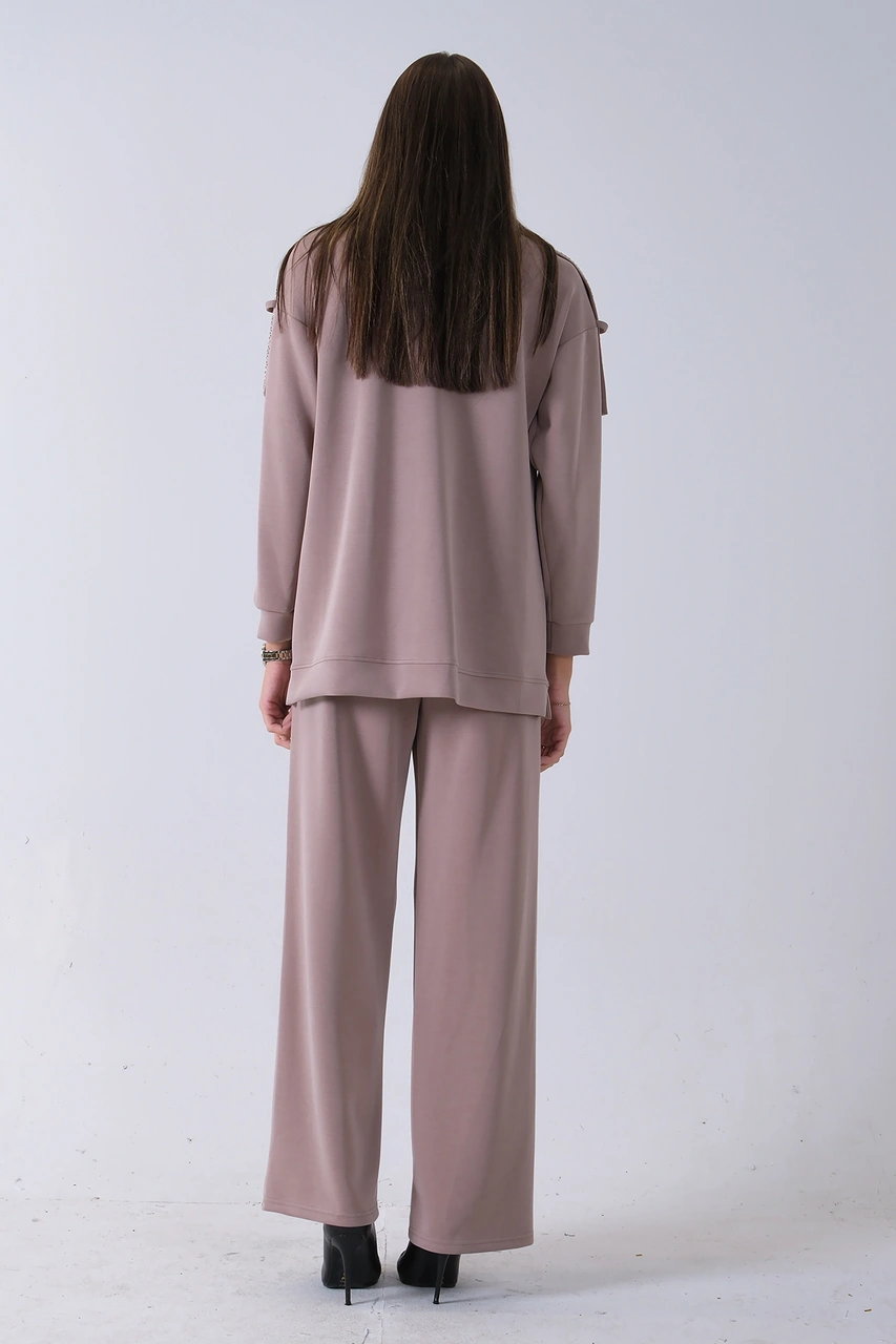 Feminist Vizon Omuz Apolet Detaylı Yakası İpli Tunik Pantolonlu Takım 4577281.34 Vizon