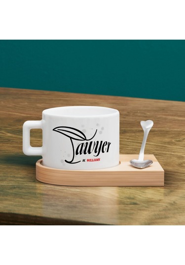 Bk Gift Kişiye Özel İsimli Avukat Tasarımlı-7, Ahşap Altlıklı Seramik Fincan, Meslek Hediyesi, Yeni İş Hediyesi Kobitmeyen137916 Bk Gift