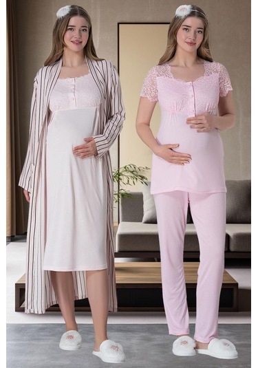 Mecit Pijama Mecit 6063 Kadın Hamile Lohusa Pembe Sabahlık Gecelik Pijama Set 001