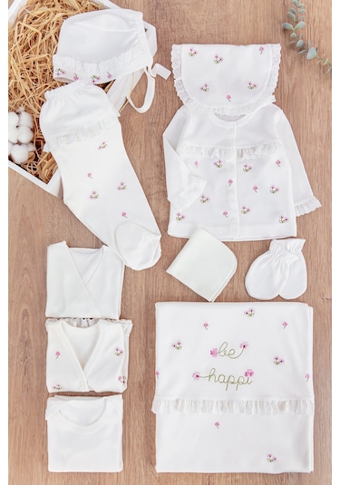 Çiçek İşlemeli Güpürlü Pamuklu 10 Parça Kız Bebek Hastane Çıkışı Bebek Takımı Beyaz