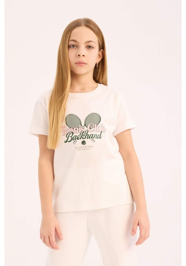 DeFacto Kız Çocuk Bisiklet Yaka Baskılı Kısa Kollu Tişört E0349A825SMWT34 Beyaz