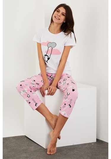 Gimer - Baskılı Kısa Kol Pijama Takım - Ece4202G Beyaz