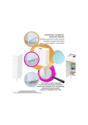 55 X 88 X 32,5 Cm Lik 1 Çekmece 1 Kapak 2 Raf 3 Gözlü Organizatör Mutfak Dolabı Çok Amaçlı Dolap Beyaz