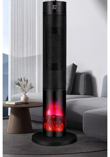 Şömineli Seramik Kule Tipi Dikey Isıtıcı Uzaktan Kumandalı