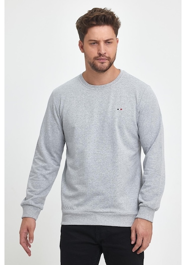 MMetalic Erkek Gri Bisiklet Yaka Nakış Detaylı Regular Fit Sweatshirt 001