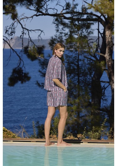 Monamise Kadın Etnik Desenli Önü Düğmeli Gömlek Yaka Alt Üst Takım 25022 Kiremit