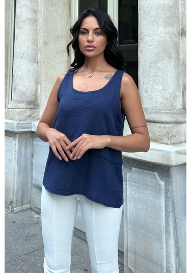 Lacivert Müslin Katlı Bluz Lacivert
