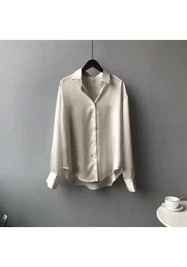 Kadın Günlük Düz Renk Düğmeli Gömlek Retro Uzun Kollu Asılı Üst Beyaz