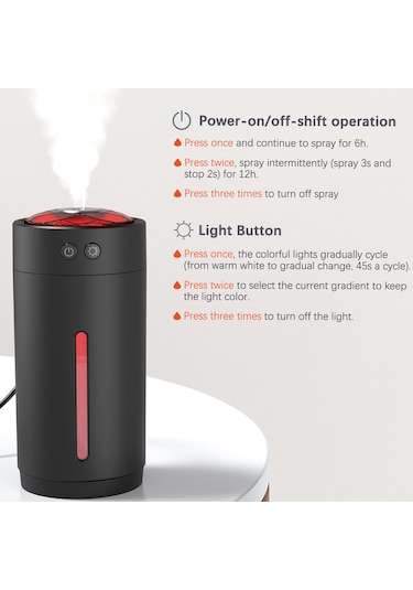 Hangfox 300ml Mini Usb Nemlendirici: 7 Renkli Led Işık, Çift Buhar Modu, Sessiz Çalışma, Su Yokken Otomatik Kapatma - Bebek Odası, Yatak Odası, Ofis, Araba İçin Siyah