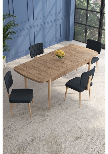 Lars Atlantik 80x132 Açılabilir Mdf Masa Yemek Odası Takımı,mutfak Takımı 4 Adet Sandalye Antrasit
