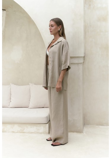Baron Bej Keten Gömlek Pantolon Takım Bej