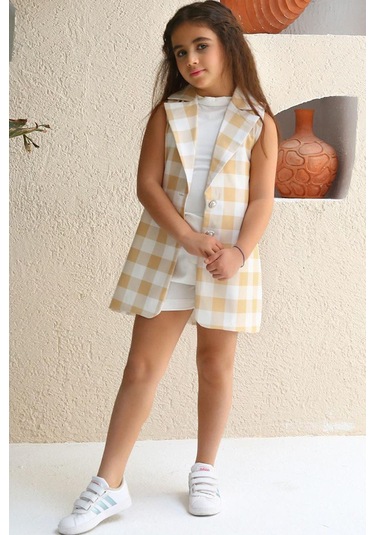 Riccotarz Kız Çocuk Halter Yaka Ekose Baskılı Düğme Detaylı Hardal Şortlu Takım Hardal