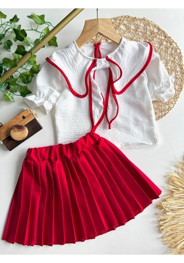 Yazlık Kısa Kollu Bluz Pileli Etek Kız Çocuk Takım Kırmızı
