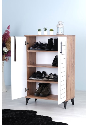 Luna 2 Kapaklı 4 Bölmeli Modern Ayakkabılık - Beyaz / Çam Desenli