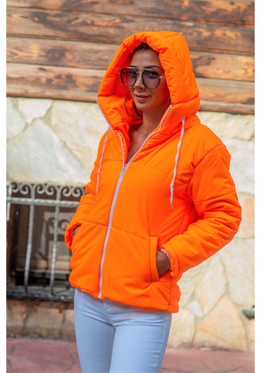 Kadın Neon Turuncu Su Geçirmez Kapüşonlu Şişme Mont