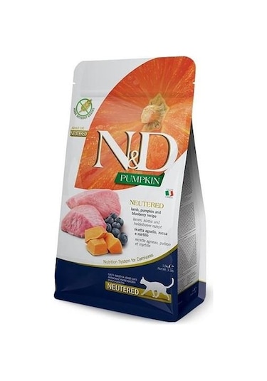 N&D Pumpkin Kuzu Etli Bal Kabaklı ve Yaban Mersinli Tahılsız Kısırlaştırılmış Yetişkin Kedi Maması 1500 G