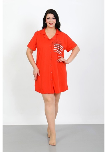 Akbeniz Büyük Beden Penye Düğmeli Nar Çiçeği Tunik Gecelik 1025 Nar Çiçeği