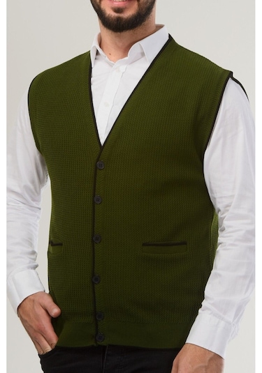 Kamalı Haki Erkek V Yaka Triko Düğmeli Cepli Çizgi Desenli Regular Fit Tüylenmeyen Örgü Yelek Haki