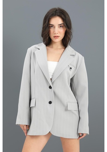 Blazer Ceket Çizgili Atlas Kumaş - Gri-gri Gri