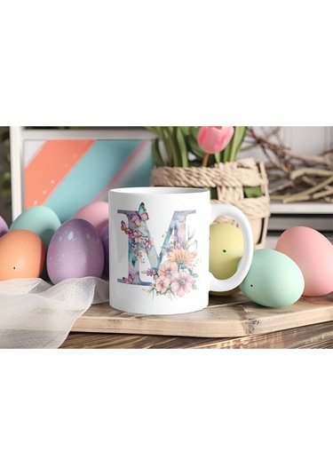 M Harfi Çiçekli Kupa Bardak - Soft Renk Çiçek Ve Kelebek Desenli Zarif Kahve Kupası - Bohem Beyaz