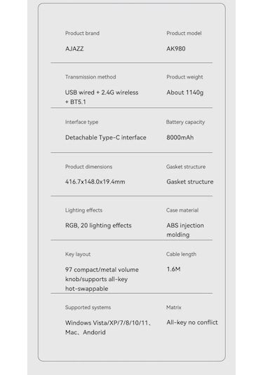 Ak980 3 Modlu Hot-swap Tft Ekranlı Mekanik Oyun Klavyesi-8.000 Mah Batarya Dinamik Rgb