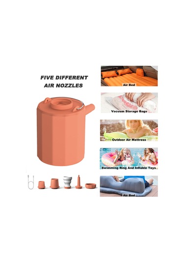 Yifomall Portatif Kablosuz Mini Hava Pompa, 5 Uçlu Ağızlı, Inflasyon-deflasyon-vakum, Led Işık, 1600mah Pil, Abs Malzeme, Turuncu 200l/dak Hızlı Akış
