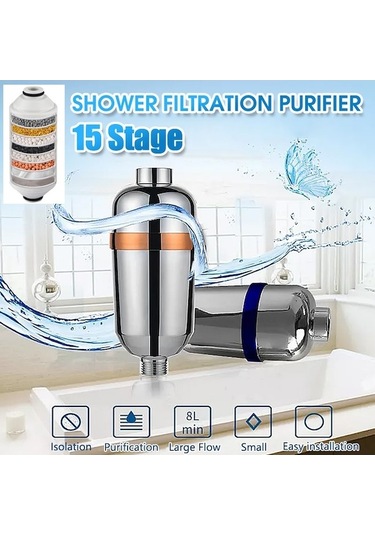 Bosphorusboutique02 15 Aşamalı Klor/sülfür Arıtma Duş Filtresi, Sarı/mavi, 155x50x6mm, 50000l Ömrü, Ev/yaşlı/hamile/çocuk İçin Gümüş