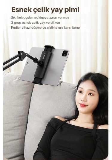 Shopytech Metal 360 Uzun Kol Tablet/telefon Standı Kelepçeli Masa/yatak Başlığı Tutucu 6 -12.9 Uyum 1 Adet