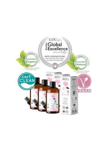 Akita Doğal Yağı Alınmamış Gül Suyu Cam Şişe 3 x 100 ML