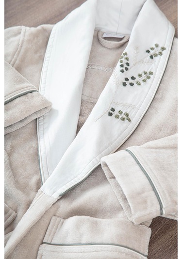 Ecocotton Derin Bej-yeşil "m-l" %100 Organik Pamuk Nakışlı Aile Bornoz Seti Bej - Yeşil