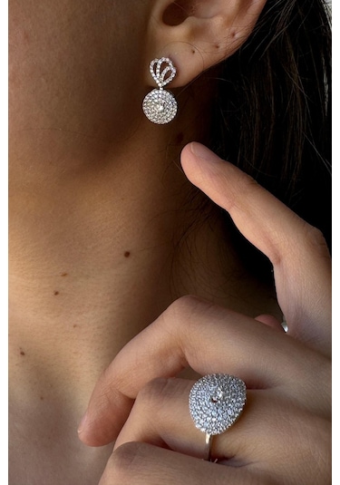 7,5 Mm Zirkon Taşlı İnci Kolye Bilelik Küpe Yüzük Dörtlü Set 9 / Rose Gümüş