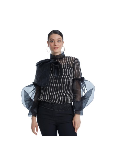 Desenli Transparan Kadın Bluz - Fiyonk Detaylı - Balon Kollu - Modern Ve Şık Tasarım - Özel Gün Ve Davet İçin Bluz Siyah