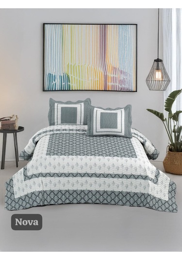 Örtüm Çift Kişilik Kapitone Yatak Örtüsü Gri Beyaz