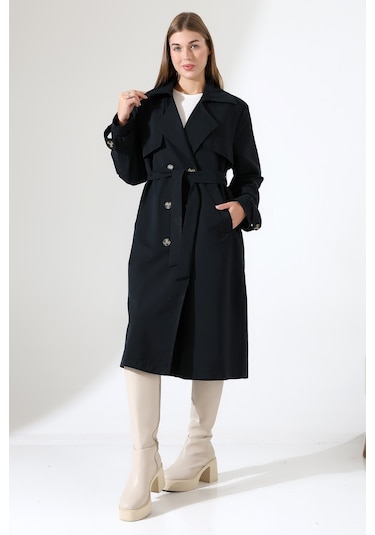 Amazon Keten Kumaş Diz Altı Yumuşak Dokulu Düğmeli Astarlı Trenç Kot Siyah Siyah