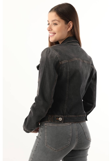 Kadın Cep Detaylı Slim Fit Jean Ceket Siyah 001