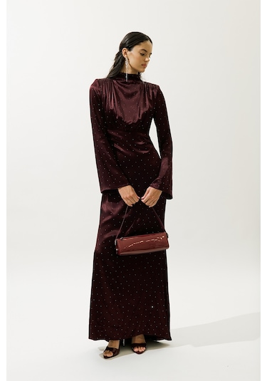 Mıla Taşlı Abiye Elbise Bordo Bordo